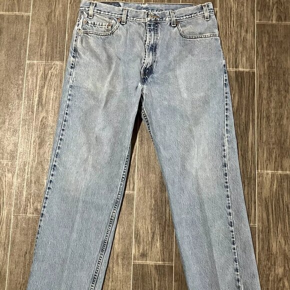Levi’s 505 Regular Fit Straight Leg Blue Jeans Mens 36x30 Distressed - Picture 1 of 5